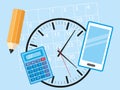 Office objects for busy business man - cell phone, calculator, calendar, clock and pencil lying on a blue background - concept ill