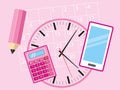 Office objects for busy business woman - cell phone, calculator, calendar, clock and pencil lying on a pink background - concept i Royalty Free Stock Photo