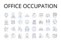 Office occupation line icons collection. Classroom learning, Business venture, Social gathering, Romantic rendezvous