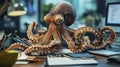 Office Octopus Multitasks with Papers and Stationery Royalty Free Stock Photo