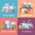 Office paper documents. Routine bureaucracy paperwork, accounting papers pile, stacked office file folders. Flat vector Royalty Free Stock Photo