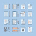 Office paper, documents and stationery signs icons set on blue Royalty Free Stock Photo