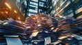 Office paperwork pile, atrium, sunset, data overload, archiving Royalty Free Stock Photo