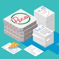 Office party,stacks of paper with isometric a box of pizza