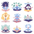 Office people group meditation yoga lotus posture. Meditation relaxing practicing office people vector illustration set