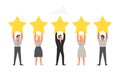 Office people holding the big Stars over their heads. Positive rating, quality work, feedback. Business illustration for