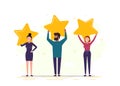 Office people holding the big Stars over their heads. Positive rating, quality work, feedback