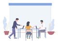 Office people planning, discussing problems sitting at table. Business meeting, workshop, teamwork, vector illustration Royalty Free Stock Photo