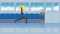 Office people relaxation after work. Yoga posture businessman does yoga pose balance in train