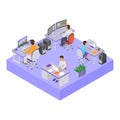 Office people in workspace vector illustration isometry. Open space office room. Man woman colleagues coworkers