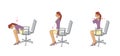 Office performs exercises. Young woman in the office performs exercises to strengthen the arms and legs using the desktop.