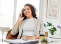 Office, phone call and woman at desk with smile, business communication and contact. Businesswoman, budget planner and