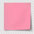 Office pink paper sticker with bent lower right and shadow isolated on transparent background. Template vector post note