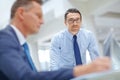 Office portrait, finance team and businessman review digital financial portfolio, stock market database or investment