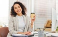 Office, portrait and happy woman at desk with coffee, smile and computer at financial planning agency. Relax, advisor or Royalty Free Stock Photo