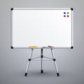 Office presentation whiteboard on tripod. Blank classroom white noticeboard 3d vector illustration