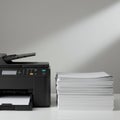 An office printer is displayed on a white surface next to a large stack of white paper. Royalty Free Stock Photo