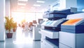 Office Printers and Copiers in a Bright Modern Workplace with Sunlight Keywords: office, interior, modern Royalty Free Stock Photo