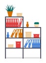 Office rack or stand with folders, boxes with archive files, vases, houseplants in pots, furniture