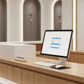 Office or reception desk features a sleek Apple iMac computer Royalty Free Stock Photo