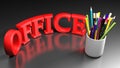 OFFICE red write with pens and pencils on black desk - 3D rendering illustration Royalty Free Stock Photo