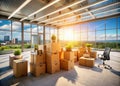 Office Relocation A Comprehensive View of Empty Desks and Cardboard Boxes During a Corporate Move Royalty Free Stock Photo