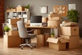Office Relocation: Computer and Boxes with Furniture Ready to Move Royalty Free Stock Photo