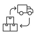 Office relocation icon in line design. office, boxes, truck, relocation, moving, logistics on white background vector. office Royalty Free Stock Photo