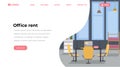 Office rent landing page flat template. Empty workspace interior, corporate workplace with modern furniture web banner