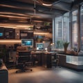 An office in a retro-futuristic space station, complete with vintage computers and sleek, mid-century modern designs2