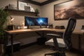 office room with attention to detail, featuring ergonomic desk, chair and lighting