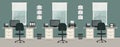 Office room in a green color. Workplace for three office workers with gray furniture on a windows background