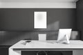 Office room interior, ceo table, desk, desktop computer, armchair, concrete floor. Mockup white blank poster on wall. Concept of Royalty Free Stock Photo