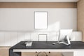 Office room interior, ceo table, desk, desktop computer, armchair, concrete floor. Mockup white blank poster on wall. Concept of Royalty Free Stock Photo