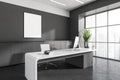 Office room interior, ceo table, desk, desktop computer, armchair, panoramic windows, concrete floor. Mockup white blank poster on Royalty Free Stock Photo