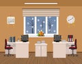 Office room interior christmas design with serpentine including two work spaces. Royalty Free Stock Photo