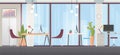 Office room interior flat vector illustration, cartoon modern wide business workspace with office chair, computer Royalty Free Stock Photo