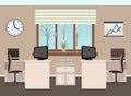 Office room interior including two work spaces with furniture, winter landscape outside window. Royalty Free Stock Photo