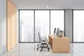 Office room and reception interior with computers and panoramic window Royalty Free Stock Photo