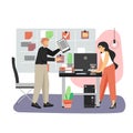 Office scene with modern workplace, kanban board, man and woman working on business project, flat vector illustration Royalty Free Stock Photo