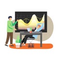 Office scene with modern workplace, two business men colleagues analysing chart, flat vector illustration Royalty Free Stock Photo