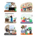 Office scene set, flat vector illustration. Business people working on computers, practicing yoga. Office interior.