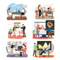 Office scene set with business people working together, training, taking coffee break, flat vector isolated illustration