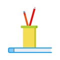 Office or school icon: two colored pencils in a plastic glass on blue notepad Royalty Free Stock Photo