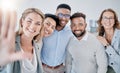 Office selfie, diversity and portrait of business people with photo memory of teamwork, collaboration and solidarity Royalty Free Stock Photo