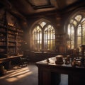 An office set in a wizards tower, where employees brew potions and cast spells alongside their regular tasks1