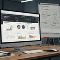 An office setting with a computer monitor displaying a marketing analytics dashboard, Royalty Free Stock Photo