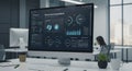 An office setting features a computer displaying data analytics with charts and graphs Royalty Free Stock Photo