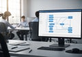 Office setting with a focus on a computer monitor displaying a flowchart with multiple interconnecte Royalty Free Stock Photo