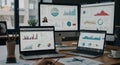Office setting with multiple screens displaying data analytics dashboards. Graphs and Royalty Free Stock Photo